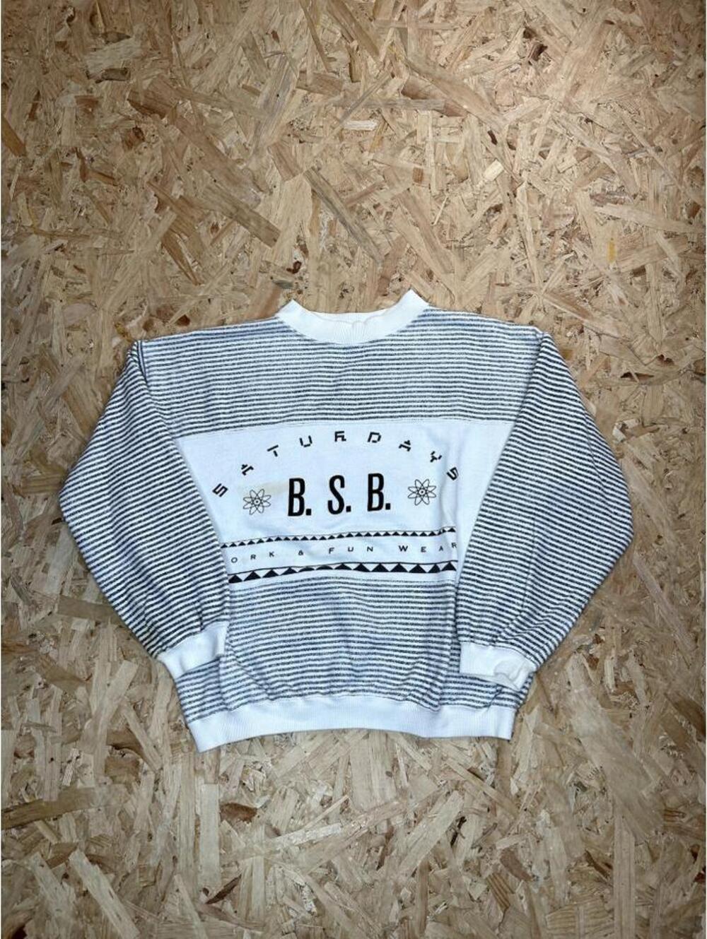Vintage Saturdays BSB Sweatshirt Mens Medium White Striped Graphic Pullover